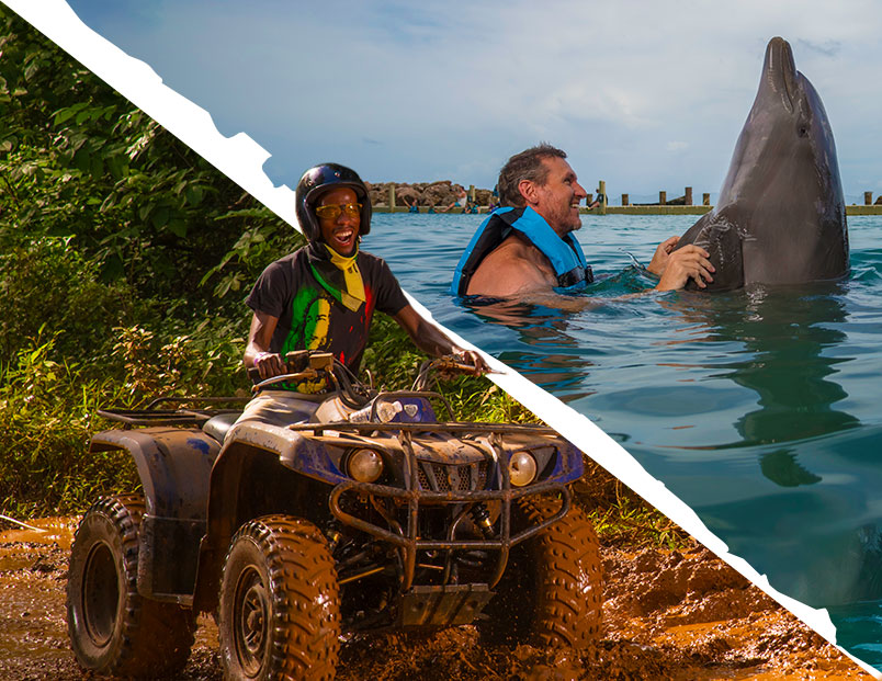 Man ride a Mud Buggy or ATV and Woman live jamaica swim with Dolphins